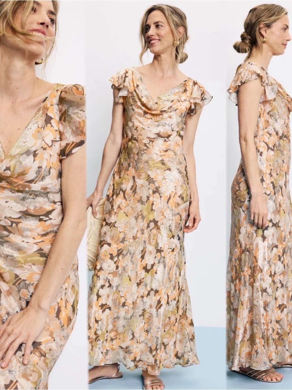 Lauren Ralph Lauren Metallic Floral Jacquard Cowl Neck Gown size 14